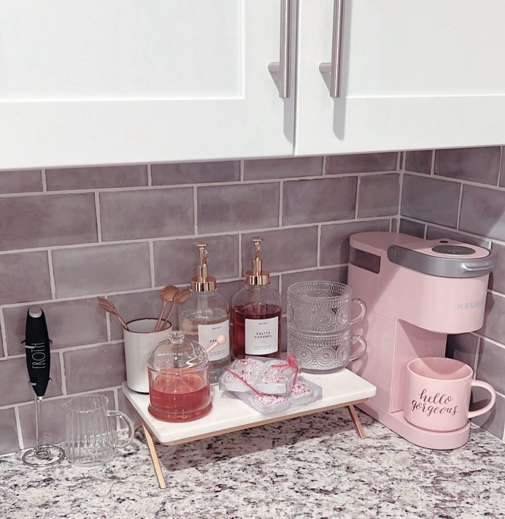 coffee station at home in pink 