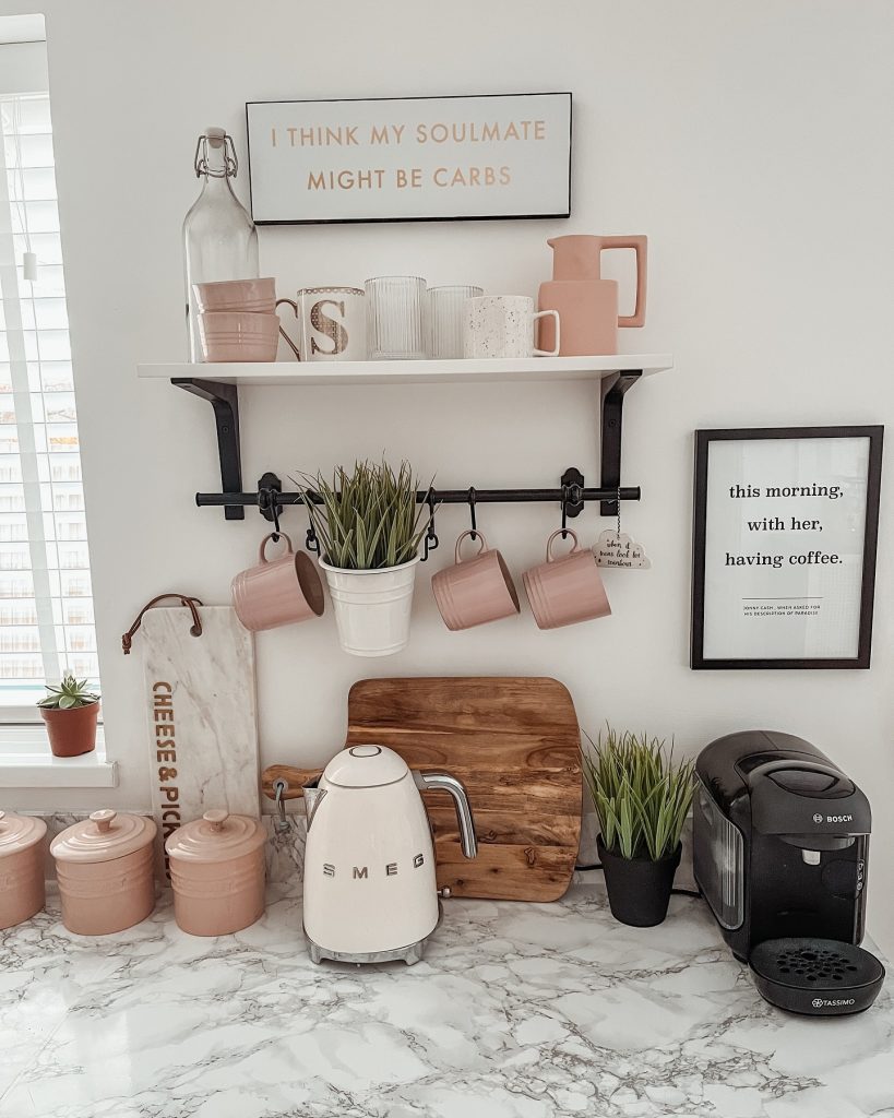 coffee station at home in pink and white