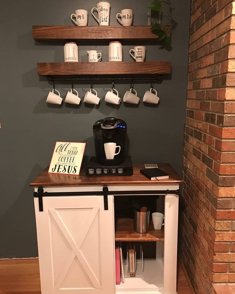 floating wood shelves white cabinets for coffee bar station