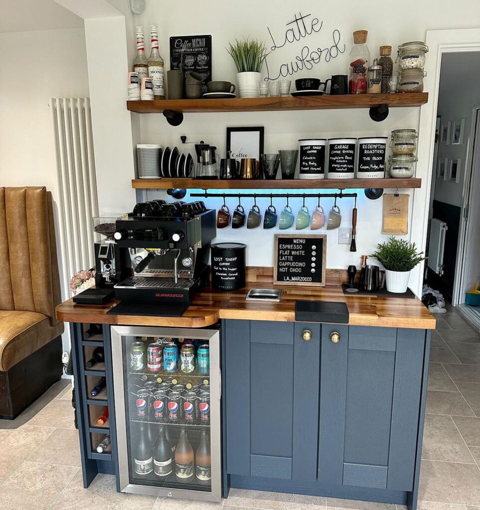 wood countertops with black cabinets