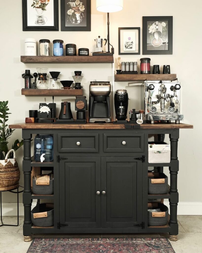 An industrial-themed bar with metal shelves, dark wood, and black accents coffee bar station