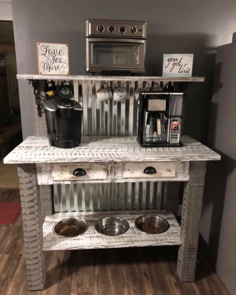 a compact 3-1 coffee and wine station with dog food dispenser 