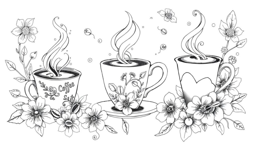 Intricate black and white pencil-like tattoo designs featuring steaming coffee cups, delicate coffee beans, and artistic latte art swirls, surrounded by whimsical floral elements, all in a hand-drawn style.